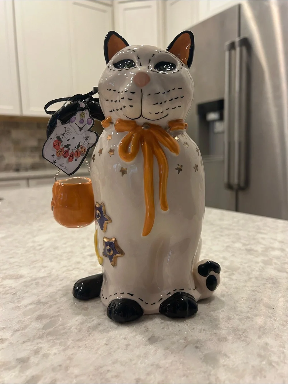 “New” Blue Sky Clayworks White Ceramic Cat with Orange Bow and Accents